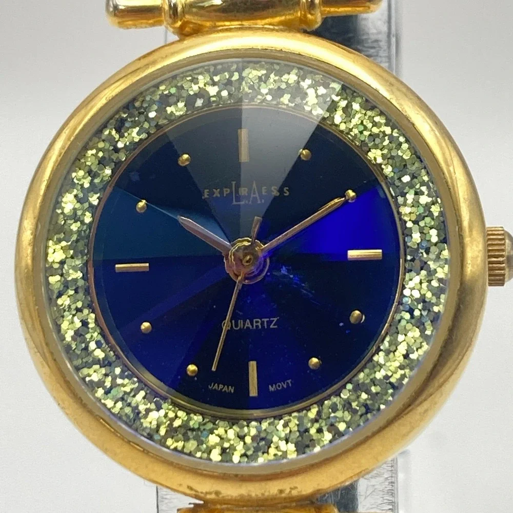 Vtg LA Express Womens Watch Gold Tone Blue Dial Faceted Glitter New Battery 7.75